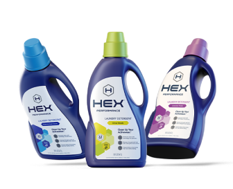Three household product bottles with roll labels affixed