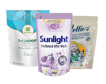 Three stand up pouches for household products such as laundry detergent, after wash and detergent pods