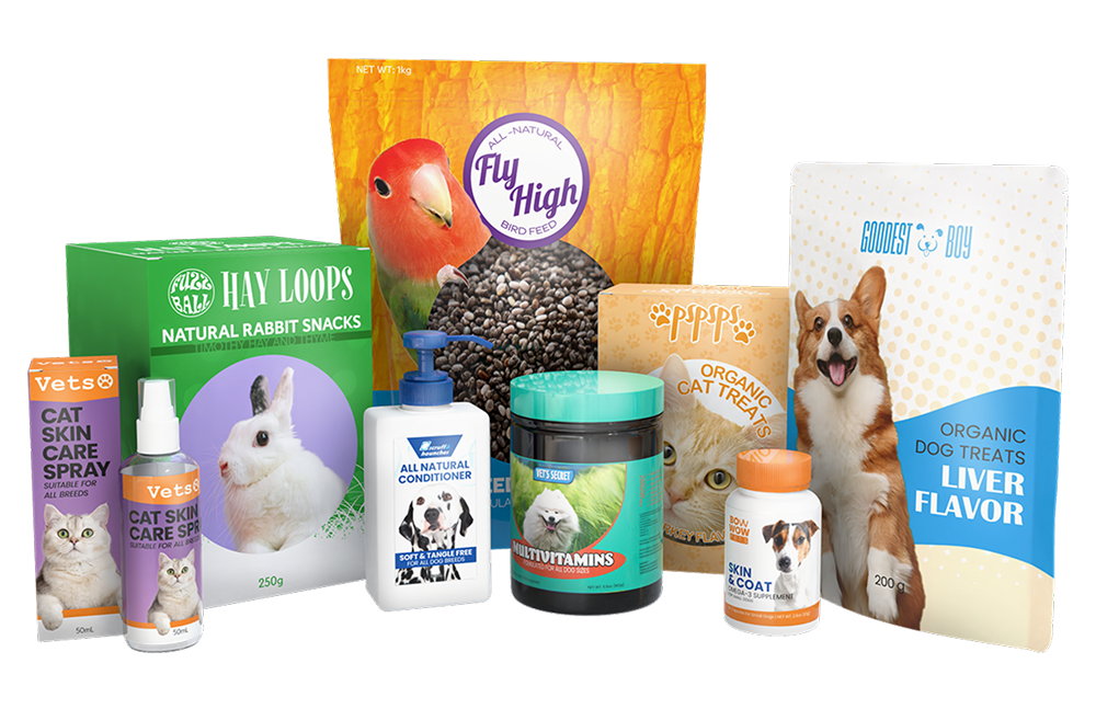 A myriad of Pet Food and Care Packaging with custom product boxes, labels and pouches